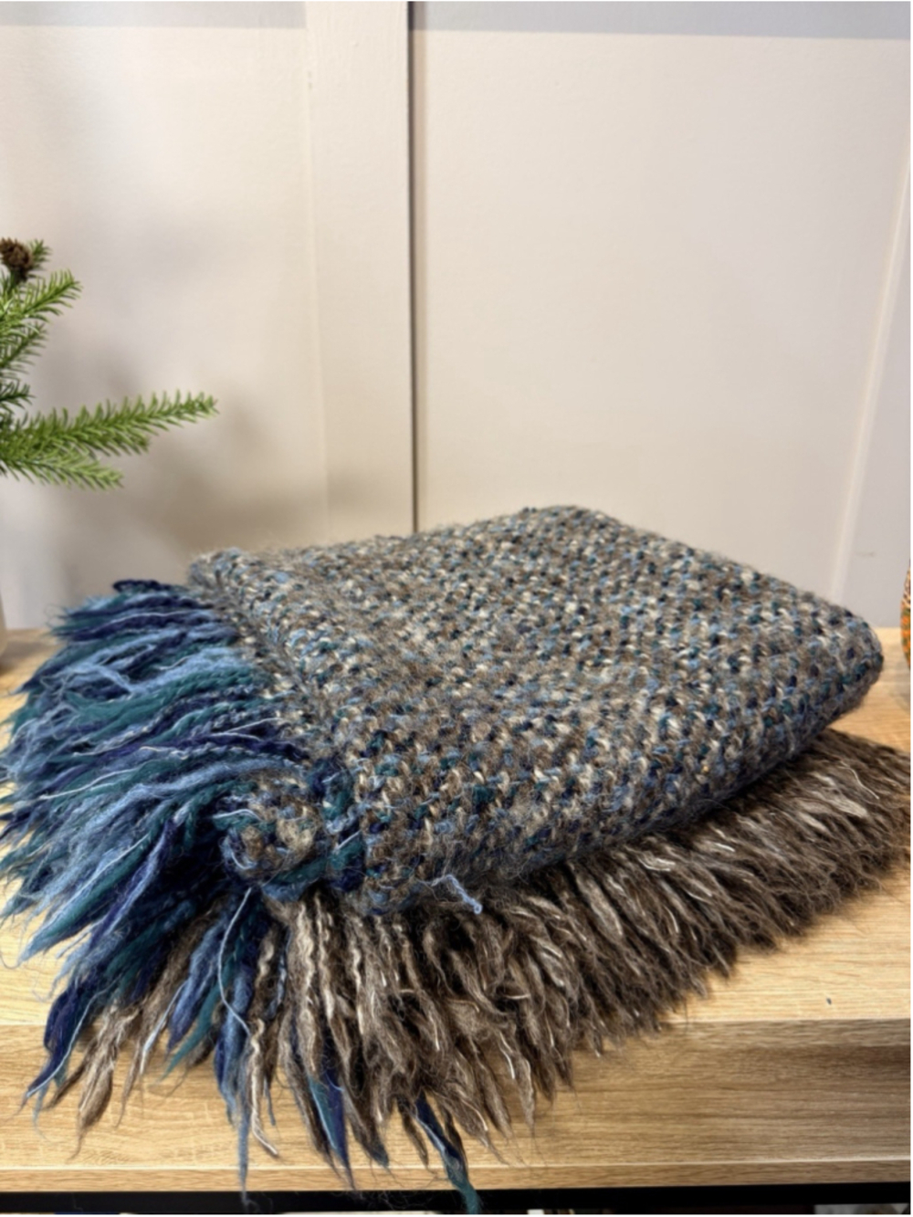 Irish - Pure Wool Scarf Blue brown Ireland - One Size with Fringe 49” x 46”